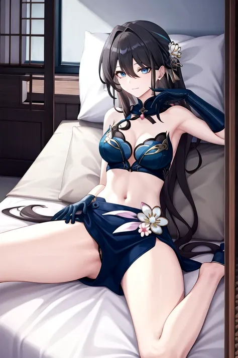 RUANMEI,Bangs,Long hair,skirt,Gloves,Hair between the eyes,Jewelry,Hair accessories,blue eyes,Black Hair,flower,black Gloves,blue skirt,indoors,bedroom,on the bed,A faint smile, 1 Girl,
,  (masterpiece,best quality:1.2),absurd，whole body,Long legs,pretty f...