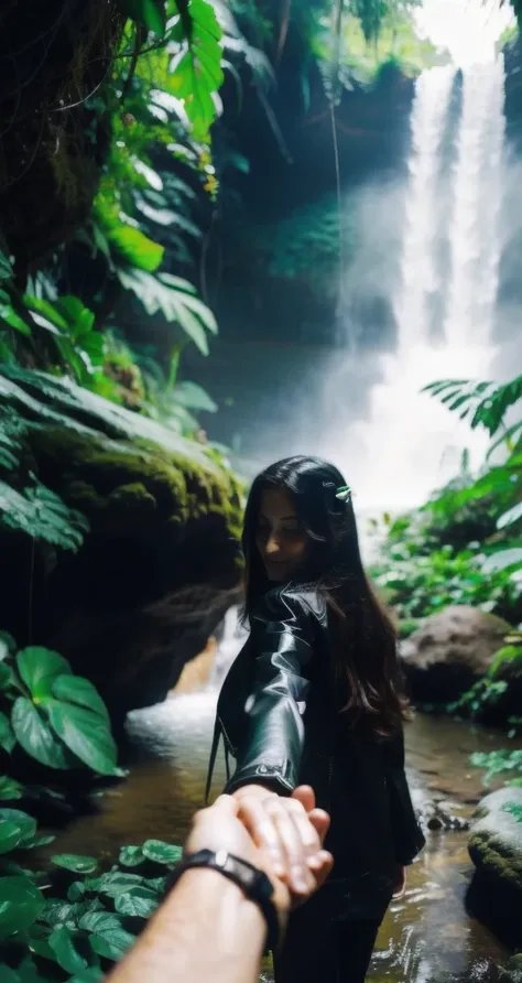 bf_holding_hands,  walking in waterfall in dense jungle, rainbow, 
detailed,8k, detailed shadow, 1girl, Omertosa, long hair, black hair, open jacket, leather jacket, animal ears, jewelry ,(masterpiece,best quality),
