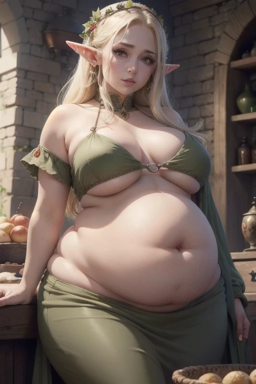 (Best quality), (high resolution), (detailed),1woman, a painfully bloated elf holding belly, fully clothed