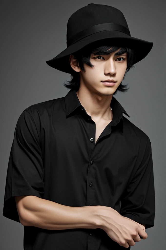 An anime boy with black hair,black hat,black shirt,no head