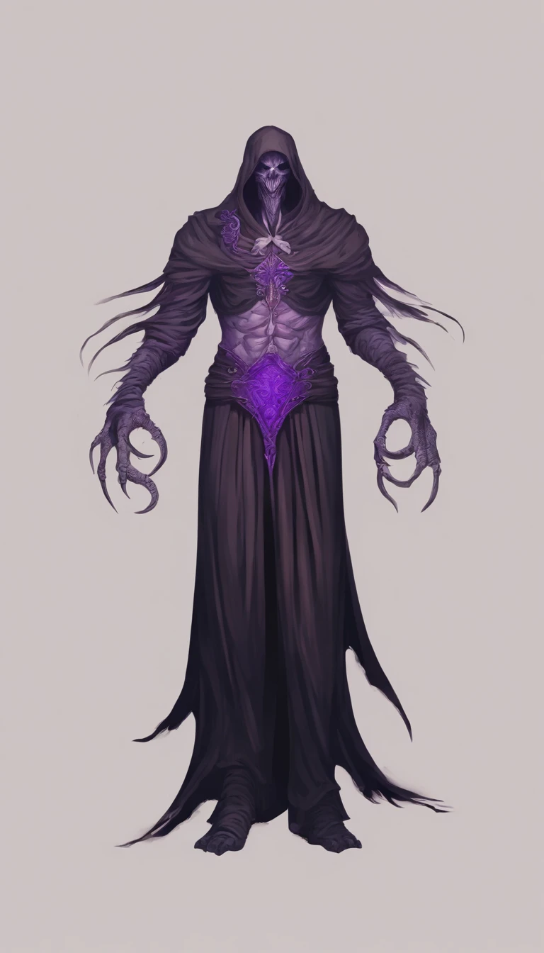 Mind flayer，Inspired by Dungeons & Dragons，Full body concept art illustration of Mind Flayer。The character has human-like proportions，tall、slim and muscular。The character has 4 tentacles extending from its chin，Light purple skin，Almost Blue。The character i...