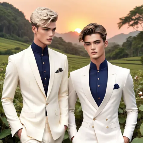 candid fashion illustration of 2man, a charming 24 year-old male supermodel, reminiscent of a mixed between Sean O’Pry and Lucky Blue Smith, graces the scene with his magnetic presence alongside his boyfriend. With features reminiscent of a Ken-doll, plast...