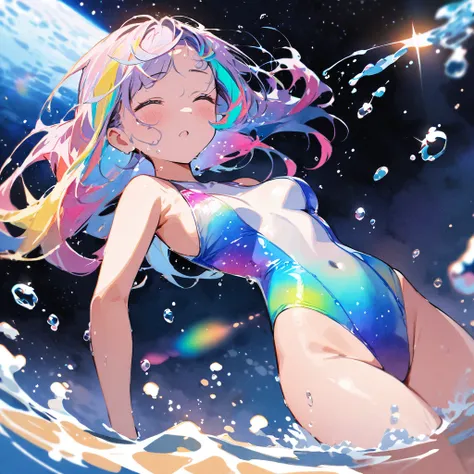 Top quality, masterpiece, watercolor style, swimming girl, rainbow colored hair, space style swimsuit, beautiful water splashes, outer space, beautiful galaxy, water drops