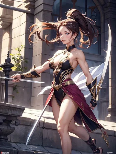 Muscular female, full body, ponytail, makeup , best quality, blade dancer, sect princess, cultivator, floating swords, full body, character sheet, elegent clothing, flowing clothing 