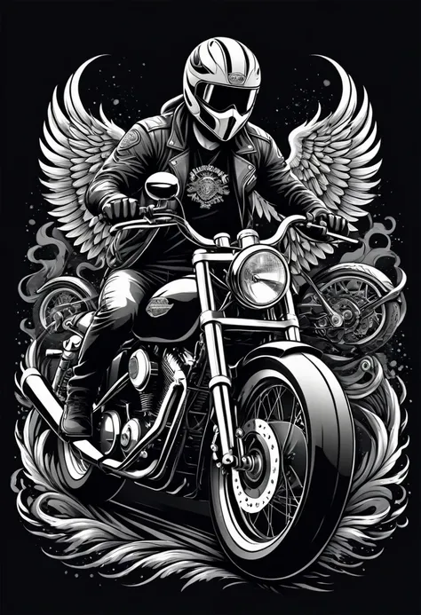 breathtaking biker, t shirt design, monochrome color, vector,  ((black backdrop)) . awardwinning, proffesional, highy detailed