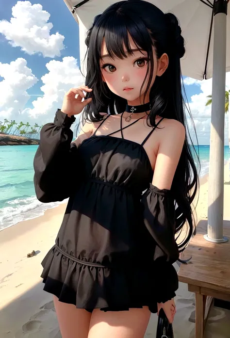 Girl in black swimsuit，at the seaside，Black long hair girl，National Trend，Beach，Coconut Tree，whole body，Vision