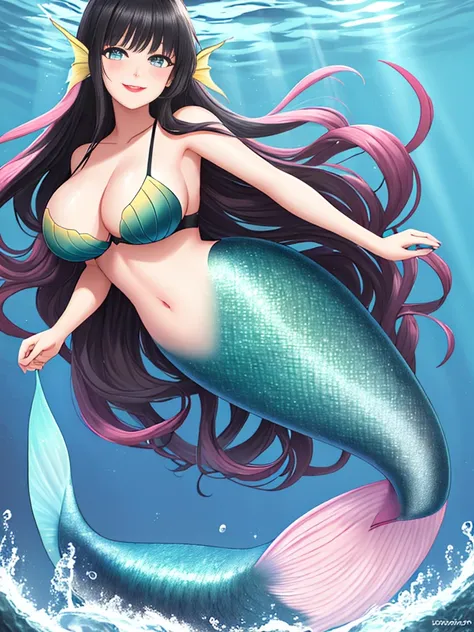 1girl, dark girl, mermaid, long hair, black hair, blue eyes, red lips, pink eyeshadow, smile, blush, happy face, full body, large breasts, mature female, underwater, yellow mermaid tail,