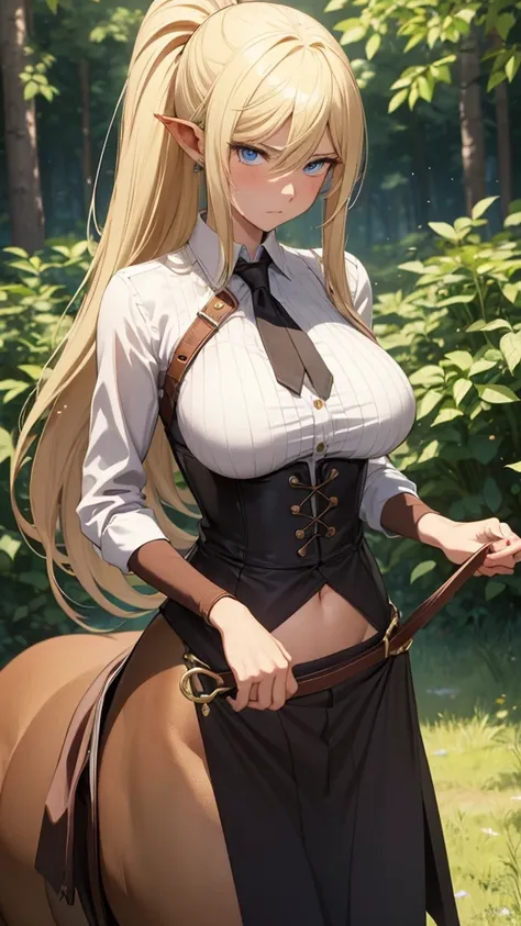 Anime centaur.1 girl. Cutie. Centaur girl. Half-human. Monster girl. Centaur. The girl is a horse. Blonde. Long hair. Hair ornament. Her hair is pulled back into a high ponytail. Blue eyes. Beautiful eyes. Perfect eyes. Expressive eyes. Ideal face. Face ab...