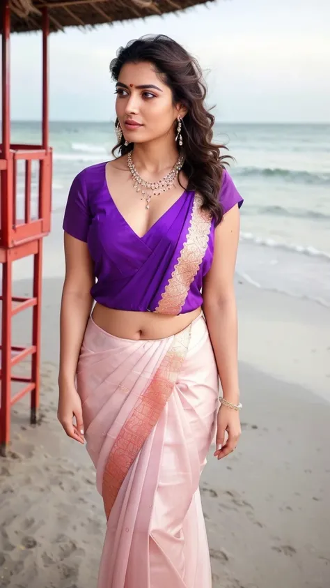 A woman neck women blouse and saree,standing on the beach, angle face, beautiful face,round face,big cheeks, curvy, hourglass figure, araffe woman in a neck women blouse and saree, posing in front of a lifeguard tower, violet myers,neck women blouse and sa...