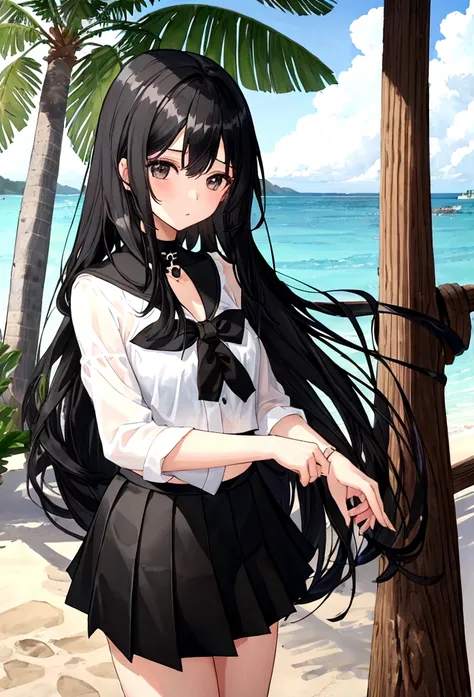 Girl in black skirt，at the seaside，Black long hair girl，National Trend，Beach，Coconut Tree