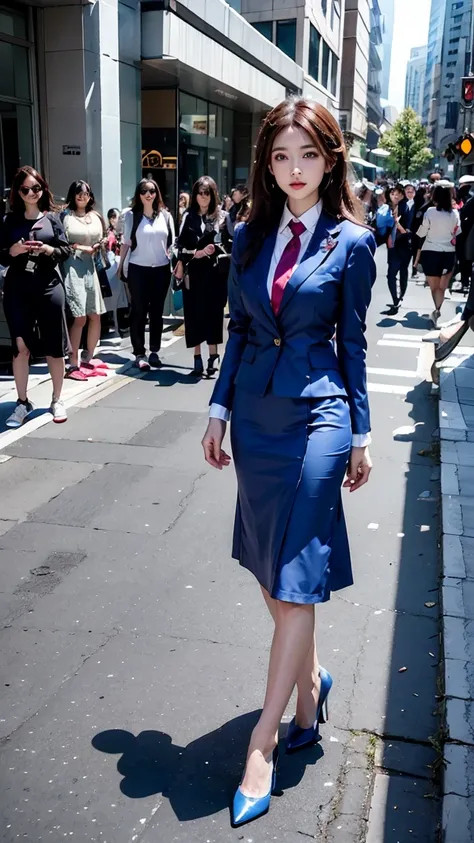 {{mature woman, Caucasian}}, looking at viewer, hazel eyes, very detailed, medium chest, brown hair, airplane, In-flight information, Uniform, Blue Blazer, blue tie, Blue skirt, Medium skirt, pencil skirt, Blue high heels, happy, best quality, high quality...