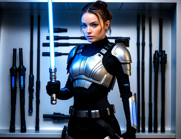 A cute woman (sci fi outfit, tight fitting body armor, wielding a blue light saber) behind her is a rack with various weapons and costume pieces
