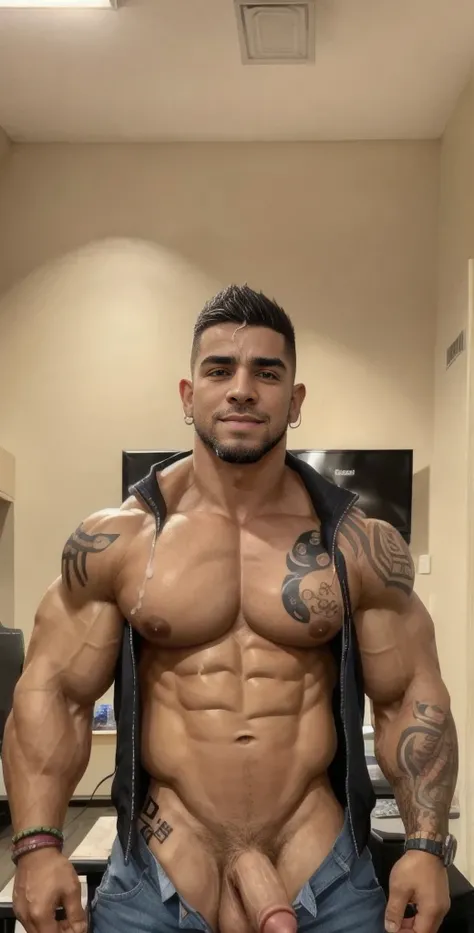 (masterpiece, intricately detailed, highest resolution, best quality:1.2), (doujin), a cocky Latino Instagram influencer,a 24 y.o muscle stud with a muscular physique standing up with black eyes,dark-skinned male, wearing a ((open jacket, chav, armbands, t...