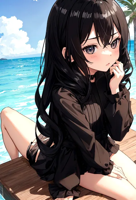 Girl in black swimsuit，at the seaside，Sitting on a swimming ring，Black long hair girl，National Trend，Beach，Coconut Tree，whole body，Vision