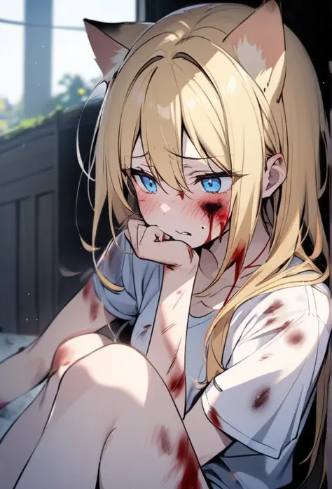 Girl, blond hair, blue eyes, blooding, injured, cat ears