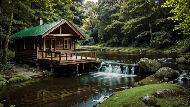 Realistic and vivid natural images. wooden house next to the stream. green color scheme