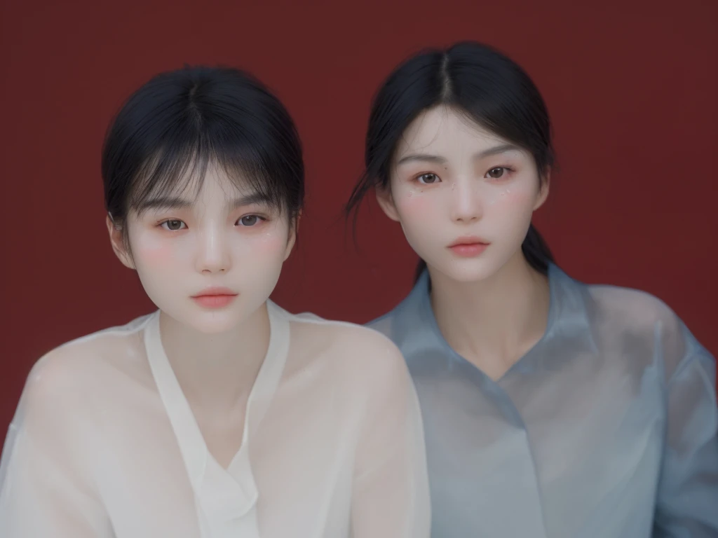 A group photo of a Chinese couple, thin face, correct facial features, symmetrical facial features, clear ears symmetrical, ultra-clear and realistic facial features, women wear white clothes, mens dark blue shirt, clear texture of clothes, ultra-clear tex...