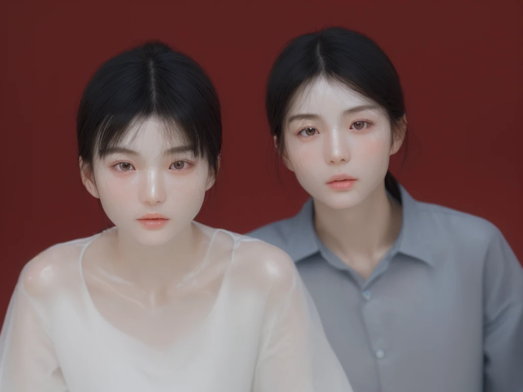 A group photo of a Chinese couple, thin face, correct facial features, symmetrical facial features, clear ears symmetrical, ultra-clear and realistic facial features, women wear white clothes, mens dark blue shirt, clear texture of clothes, ultra-clear tex...