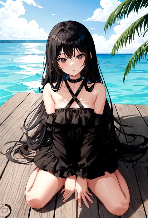 Girl in black swimsuit，at the seaside，Sitting on a swimming ring，Black long hair girl，National Trend，Beach，Coconut Tree，whole body，Vision