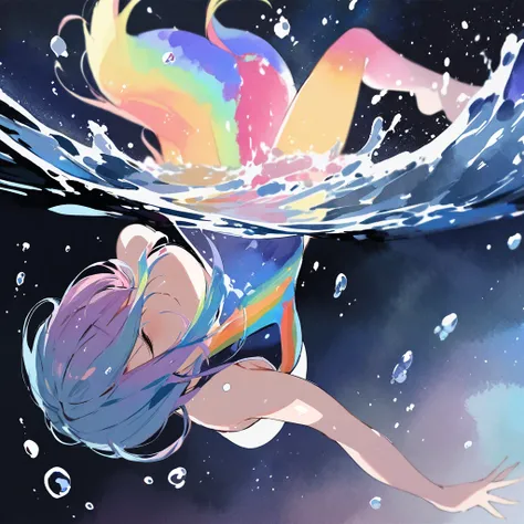 Top quality, masterpiece, watercolor style, swimming girl, rainbow colored hair, space style swimsuit, beautiful water splashes, outer space, beautiful galaxy, water drops,backstroke