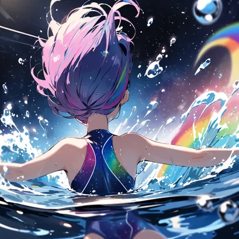 Top quality, masterpiece, watercolor style, swimming girl, rainbow colored hair, space style swimsuit, beautiful water splashes, outer space, beautiful galaxy, water drops,backstroke