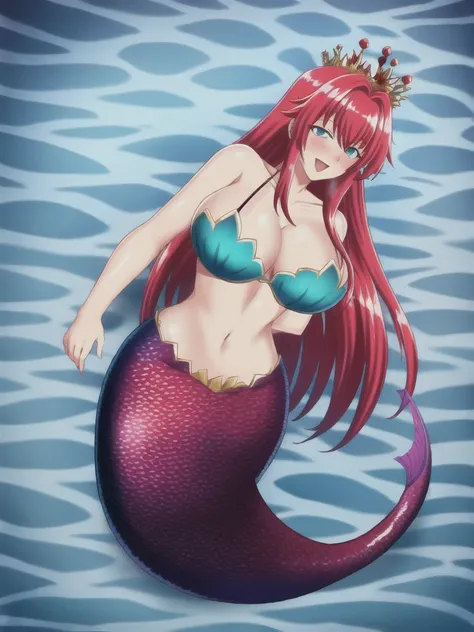 Mermaid, mermaid tail below waistline, underwaters, pearl crown, red hair, long hair, blue eyes, bra, large breasts, cleavage, happy, blush, full body,