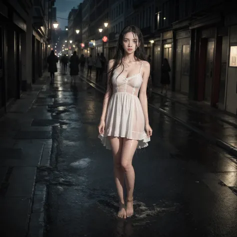 a beautiful girl in a white dress, black stockings, barefoot with long black tangled wet hair walks through an empty city at night, there are a lot of zombies behind her