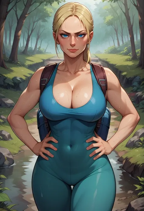 score_9, score_8_up, score_7_up, score_6_up, BREAK  Nina Williams, backpack, cleavage, big breasts, seductive smirk, hands holding own hips, sweating, wide hips, big ass, in a forest, raining, frontal shot