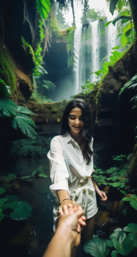 bf_holding_hands,  walking in waterfall in dense jungle, rainbow, 
detailed,8k, detailed shadow, 1girl, Omertosa, long hair, black hair, white transparent shirt, bottomless