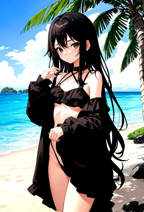 Girl in black swimsuit，at the seaside，Black long hair girl，National Trend，Beach，Coconut Tree，whole body，Vision