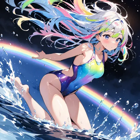 Top quality, masterpiece, watercolor style, swimming girl, rainbow colored hair, space style swimsuit, beautiful water splashes, outer space, beautiful galaxy, water drops,バタフライ