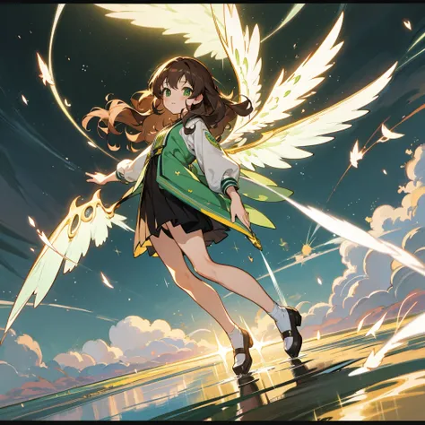 brown hair, wavy hair, straight hair, kawaii, anime, Cute, hyper quality, highly detailed, full body, 4k, green eyes, , private clothes, wings on the back, one girl, nature background, moonlight, Meteor shower, light effects, Wings of light