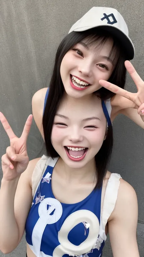 long tongue,Laughing with your mouth wide open and showing your teeth,Natural smile,(((peace sign))),peace sign,peace sign,Japanese girl,20 year old girl,Beauty,Beautiful face,Cute face,Mischievous expression,Tank top,