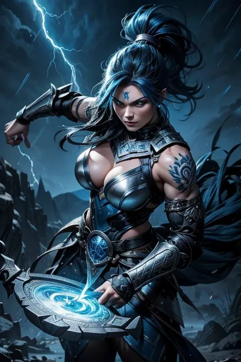 MILF, evil beautiful and muscular female Nordic storm giant with blue black hair in a ponytail, older and mature looking , throwing a lightning bolt, glowing tattoos, wearing steel runic plate mail Armour , temple cave background with lightning storm, glow...