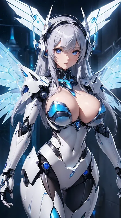 ((Intense action pose:1.6))、((Shining lenses on both breasts:1.3))、((Blue pillars of light are emanating from both chests.:1.3))、smile、((8K)), ((32k)), ((Highest quality)), ((masterpiece)), ((超A high resolution)), ((Tmasterpiece)), ((Halation:1.4))、((Mecha...