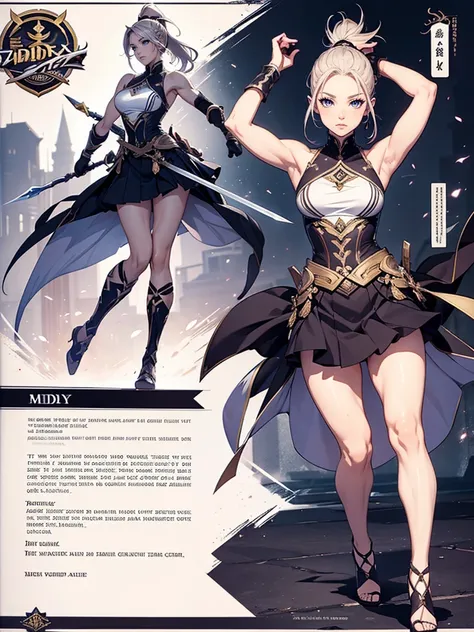 Muscular female, full body, ponytail, makeup , best quality, blade dancer, sect princess, cultivator, floating swords, full body, character sheet, elegent clothing, flowing clothing, skirt