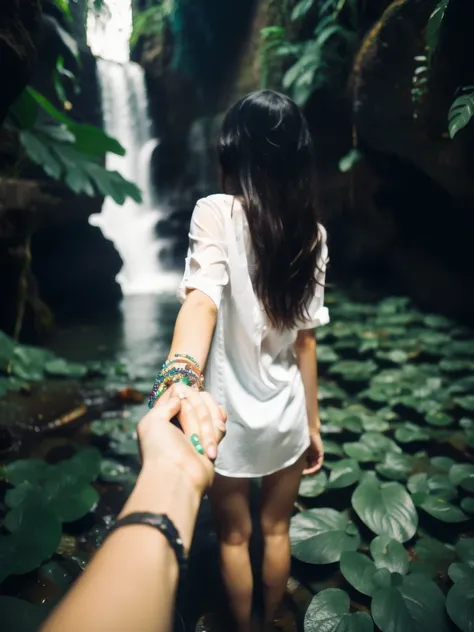 bf_holding_hands,  walking in waterfall in dense jungle, rainbow, 
detailed,8k, detailed shadow, 1 botomless girl, long hair, black hair, white transparent shirt, jewelry ,(masterpiece,best quality),
