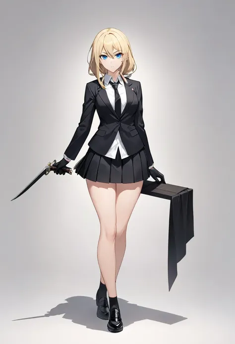 Black miniskirt , black shoes , white dress shirt , face , assassin , black shorts blazer , black long tie , whole body , bare legs , thighs , whole body , pleated skirt , Black gloves , standing posture , blonde hair , blue eyes , shot