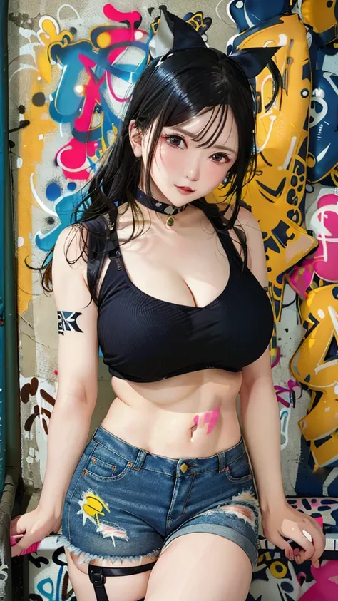 masterpiece, best quality, 1girl, solo, crop top, denim shorts, choker, (graffiti:1.5),  arms behind back, against wall, looking at viewer, armband, thigh strap, head tilt, bored, black hair, Black eyes, headset, chichi.