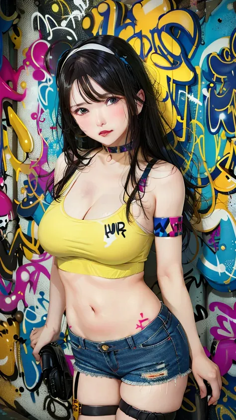 masterpiece, best quality, 1girl, solo, crop top, denim shorts, choker, (graffiti:1.5),  arms behind back, against wall, looking at viewer, armband, thigh strap, head tilt, bored, black hair, Black eyes, headset, chichi.