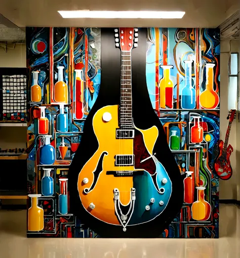 Masterpiece; Guitars and drums in a small science lab(((several science bottles around the room))); (guitars and musical keyboards inside science bottles) World map on the wall. sciencie complete with speakers and glass flasks of chemistry, embody the resi...