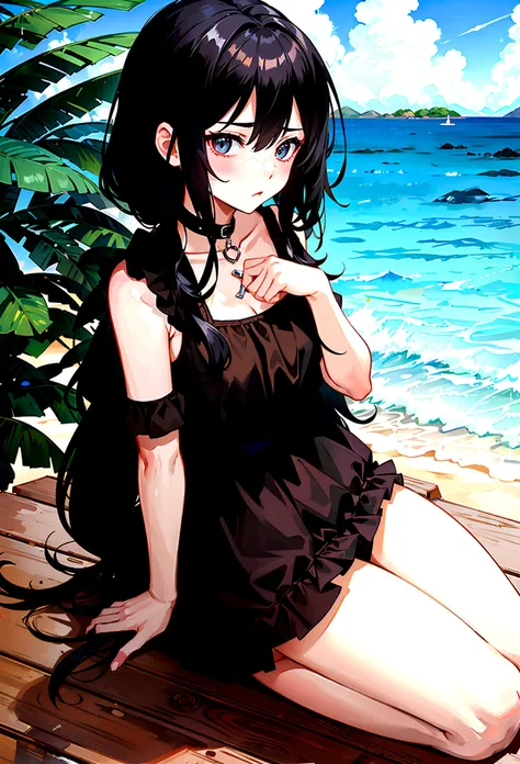 Girl in black swimsuit，at the seaside，Sitting on a swimming ring，Black long hair girl，National Trend，Beach，Coconut Tree，whole body，Vision