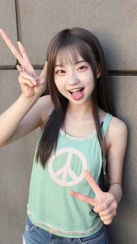 long tongue, wide open mouth and showing teeth, natural smile, (((peace sign))), index finger and middle finger raised, peace sign, peace sign, Japanese girl, 20 year old girl, beautiful, pretty face, cute face, mischievous expression, tank top,