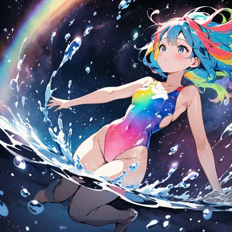 Top quality, masterpiece, watercolor style, swimming girl, rainbow colored hair, space style swimsuit, beautiful water splashes, outer space, beautiful galaxy, water drops,クロール