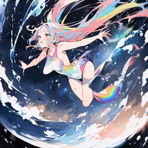 Top quality, masterpiece, watercolor style, swimming girl, rainbow colored hair, space style swimsuit, beautiful water splashes, outer space, beautiful galaxy, water drops,クロール