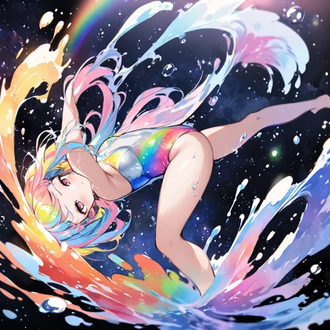 Top quality, masterpiece, watercolor style, swimming girl, rainbow colored hair, space style swimsuit, beautiful water splashes, outer space, beautiful galaxy, water drops,クロール