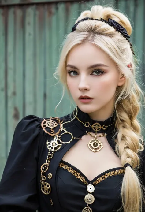 image de face , Fille blonde cheveux longs, robe sexy noire , collier, (époque victorienne), ((steampunk)), la photographie, travail, élégant, méticuleux, Magnifique, un maximum de détails, Recherche extrême de lesthétique, détails complexes, beaucoup d&#3...