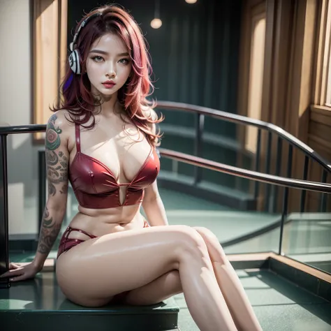 a tattooed girl sitting on a staircase looking at the city, fine and delicate woman, full body, realistic, pink pupils, beautiful eyes, long eyelashes, almond-shaped eyes, red makeup lips, low-cut outfit, punk style, k-pop. intricate details, vivid details...