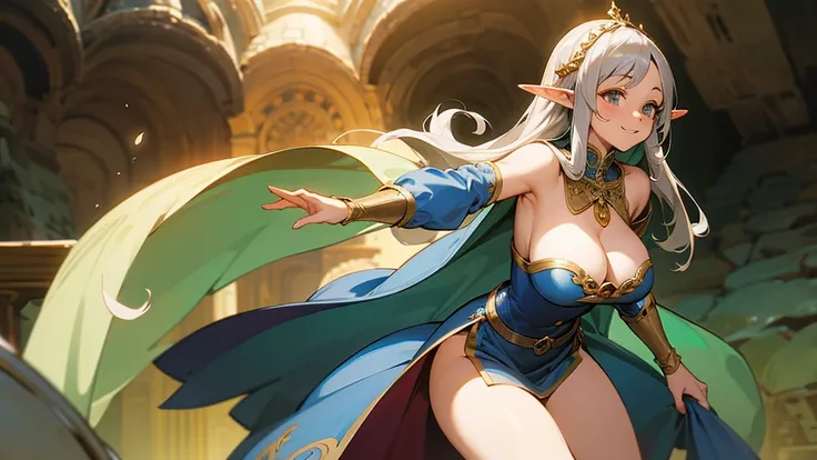 Anime Style,Nostalgic,Detailed background,The medieval world,A palace-like cave,A beautiful silver-haired smiling bard elf,Large Breasts,Healthy thighs,Underarm,M-shaped legs