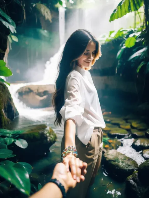 bf_holding_hands,  walking in waterfall in dense jungle, rainbow, 
detailed,8k, detailed shadow, 1 botomless plum girl, long hair, ombre blonde hair, white transparent shirt, jewelry ,(masterpiece,best quality),
